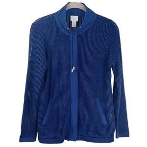 Zenergy by Chico's Navy Blue Woven Open Knit/Mesh Zip Up Sweater Jacket